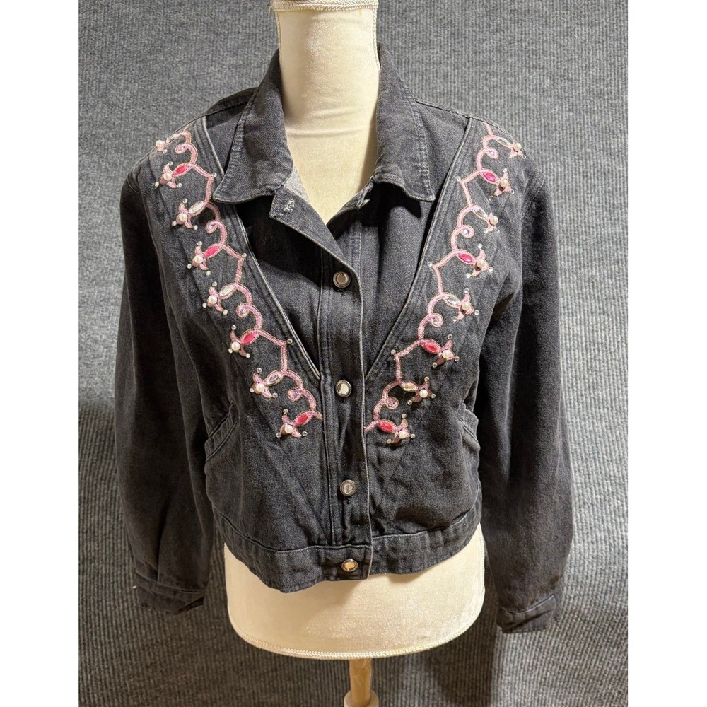 VTG Bianca Maria Caselli Black Denim Jacket Beaded Embellished M Cotton Italy